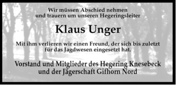 Traueranzeige von Klaus Unger von ALLGEMEINE ZEITUNG UELZEN