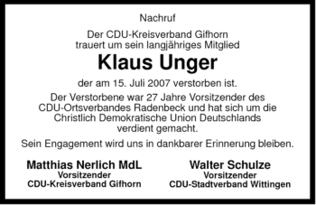 Traueranzeige von Klaus Unger von ALLGEMEINE ZEITUNG UELZEN