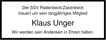 Traueranzeige von Klaus Unger von ALLGEMEINE ZEITUNG UELZEN
