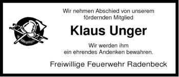 Traueranzeige von Klaus Unger von ALLGEMEINE ZEITUNG UELZEN