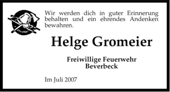 Traueranzeige von Helge Gromeier von ALLGEMEINE ZEITUNG UELZEN