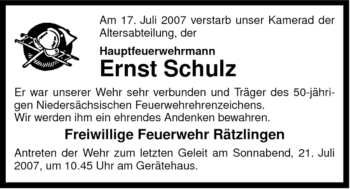 Traueranzeige von Ernst Schulz von ALLGEMEINE ZEITUNG UELZEN