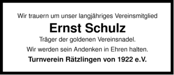 Traueranzeige von Ernst Schulz von ALLGEMEINE ZEITUNG UELZEN
