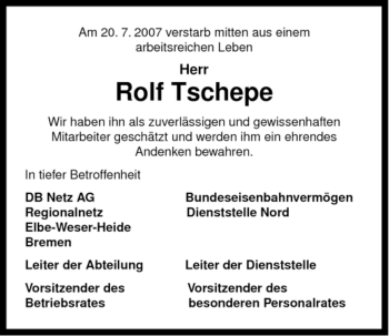 Traueranzeige von Rolf Tschepe von ALLGEMEINE ZEITUNG UELZEN