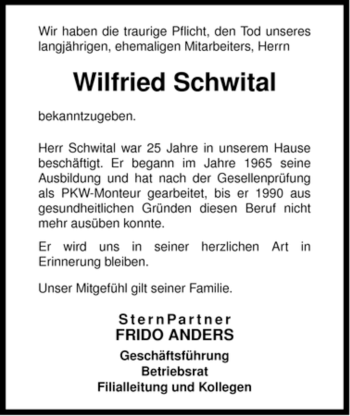 Traueranzeige von Wilfried Schwital von ALLGEMEINE ZEITUNG UELZEN