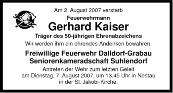 Traueranzeige von Gerhard Kaiser von ALLGEMEINE ZEITUNG UELZEN