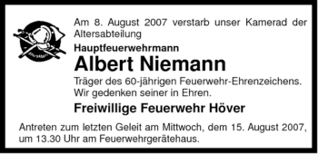 Traueranzeige von Albert Niemann von ALLGEMEINE ZEITUNG UELZEN