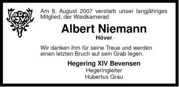 Traueranzeige von Albert Niemann von ALLGEMEINE ZEITUNG UELZEN