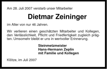 Traueranzeige von Dietmar Zeininger von ALLGEMEINE ZEITUNG UELZEN