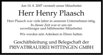 Traueranzeige von Henry Plaasch von ALLGEMEINE ZEITUNG UELZEN