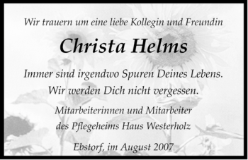 Traueranzeige von Christa Helms von ALLGEMEINE ZEITUNG UELZEN