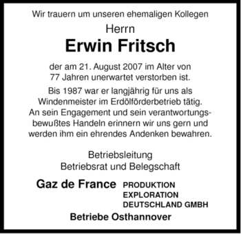 Traueranzeige von Erwin Fritsch von ALLGEMEINE ZEITUNG UELZEN