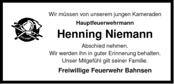 Traueranzeige von Henning Niemann von ALLGEMEINE ZEITUNG UELZEN