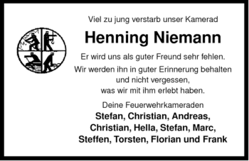 Traueranzeige von Henning Niemann von ALLGEMEINE ZEITUNG UELZEN