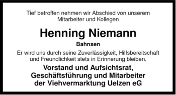 Traueranzeige von Henning Niemann von ALLGEMEINE ZEITUNG UELZEN