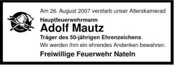 Traueranzeige von Adolf Mautz von ALLGEMEINE ZEITUNG UELZEN