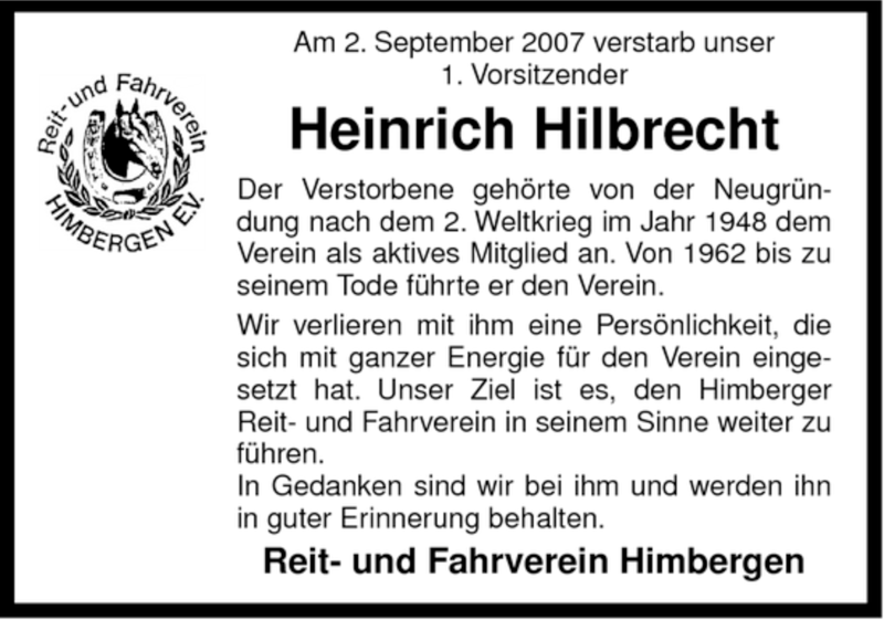  Traueranzeige für Heinrich Hilbrecht vom 04.09.2007 aus ALLGEMEINE ZEITUNG UELZEN