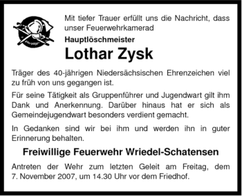 Traueranzeige von Lothar Zysk von ALLGEMEINE ZEITUNG UELZEN