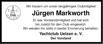 Traueranzeige von Jürgen Markworth von ALLGEMEINE ZEITUNG UELZEN