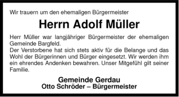 Traueranzeige von Adolf Müller von ALLGEMEINE ZEITUNG UELZEN