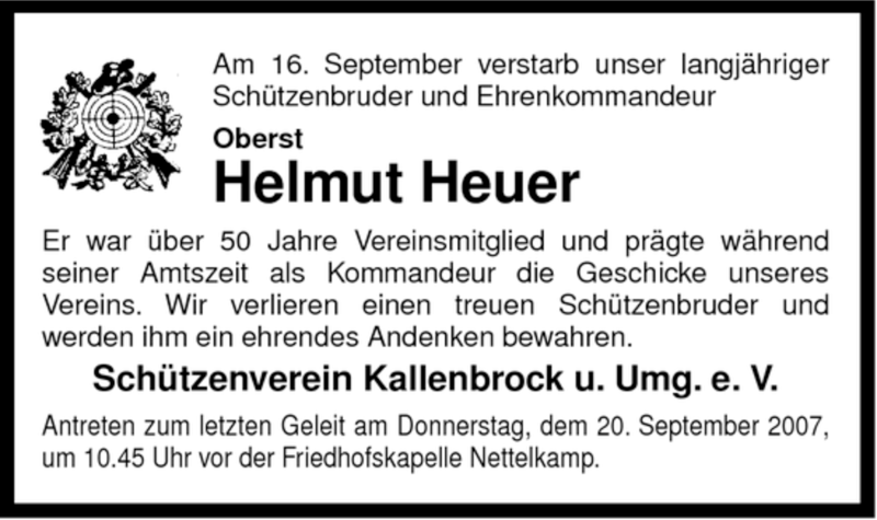  Traueranzeige für Helmut Heuer vom 19.09.2007 aus ALLGEMEINE ZEITUNG UELZEN