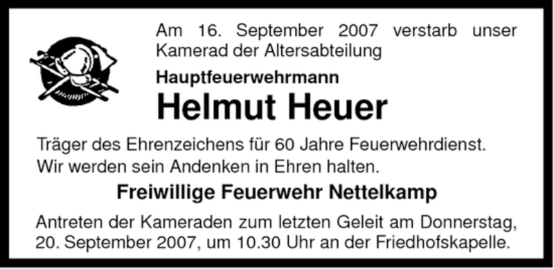  Traueranzeige für Helmut Heuer vom 19.09.2007 aus ALLGEMEINE ZEITUNG UELZEN