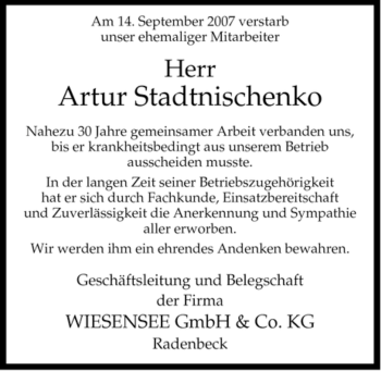 Traueranzeige von Artur Stadtnischenko von ALLGEMEINE ZEITUNG UELZEN