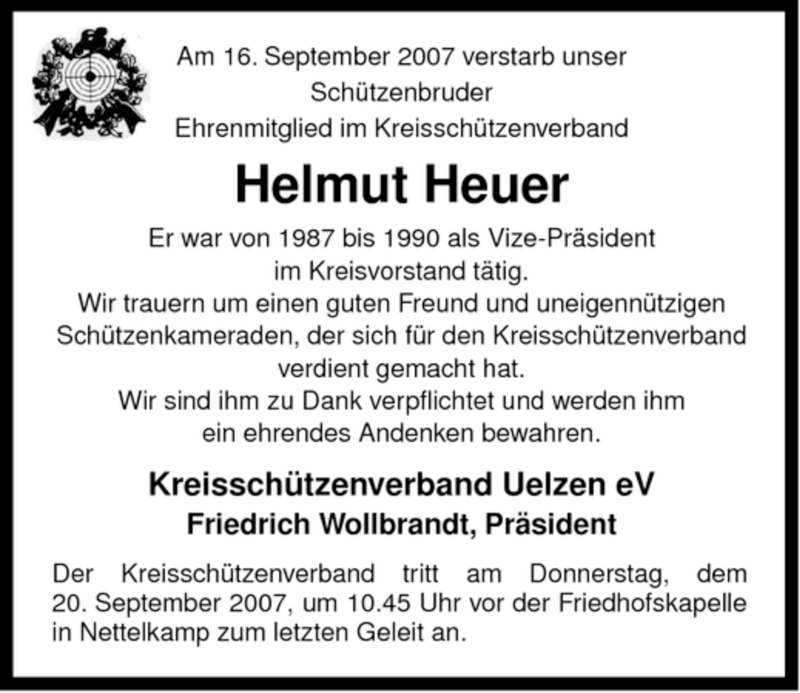  Traueranzeige für Helmut Heuer vom 19.09.2007 aus ALLGEMEINE ZEITUNG UELZEN