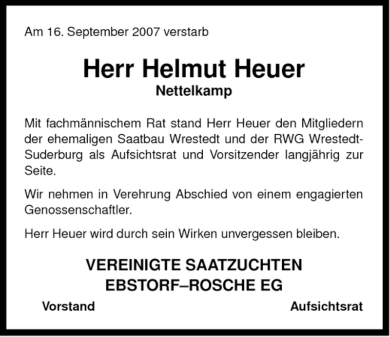  Traueranzeige für Helmut Heuer vom 19.09.2007 aus ALLGEMEINE ZEITUNG UELZEN