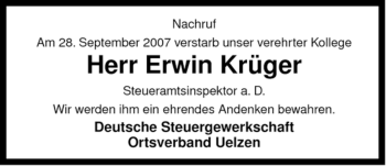 Traueranzeige von Erwin Krüger von ALLGEMEINE ZEITUNG UELZEN
