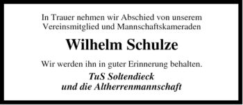 Traueranzeige von Wilhelm Schulze von ALLGEMEINE ZEITUNG UELZEN