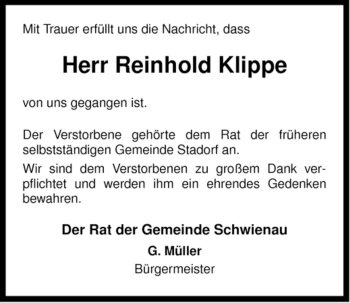 Traueranzeige von Reinhold Klippe von ALLGEMEINE ZEITUNG UELZEN