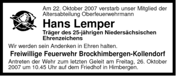 Traueranzeige von Hans Lemper von ALLGEMEINE ZEITUNG UELZEN