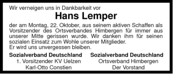 Traueranzeige von Hans Lemper von ALLGEMEINE ZEITUNG UELZEN