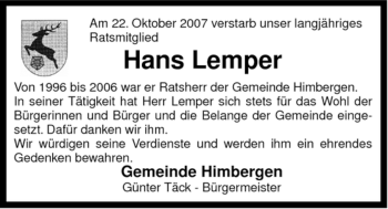 Traueranzeige von Hans Lemper von ALLGEMEINE ZEITUNG UELZEN