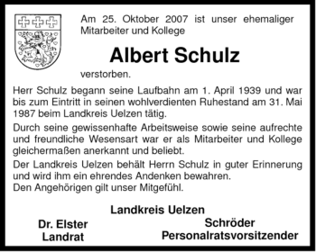 Traueranzeige von Albert Schulz von ALLGEMEINE ZEITUNG UELZEN