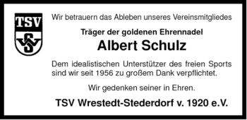 Traueranzeige von Albert Schulz von ALLGEMEINE ZEITUNG UELZEN