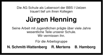 Traueranzeige von Jürgen Henning von ALLGEMEINE ZEITUNG UELZEN