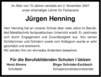 Traueranzeige von Jürgen Henning von ALLGEMEINE ZEITUNG UELZEN