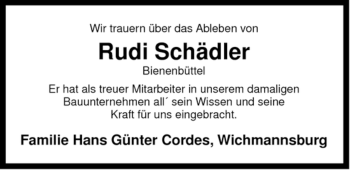 Traueranzeige von Rudi Schädler von ALLGEMEINE ZEITUNG UELZEN