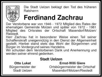 Traueranzeige von Ferdinand Zachrau von ALLGEMEINE ZEITUNG UELZEN
