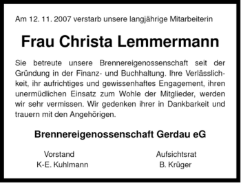 Traueranzeige von Christa Lemmermann von ALLGEMEINE ZEITUNG UELZEN