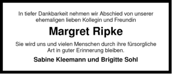 Traueranzeige von Margret Ripke von ALLGEMEINE ZEITUNG UELZEN