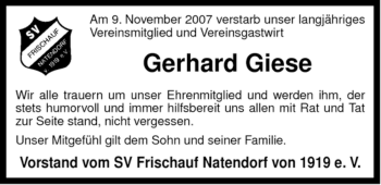 Traueranzeige von Gerhard Giese von ALLGEMEINE ZEITUNG UELZEN