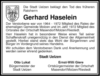 Traueranzeige von Gerhard Haselein von ALLGEMEINE ZEITUNG UELZEN