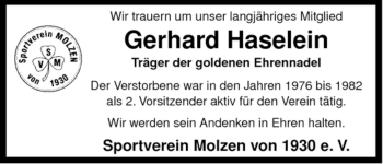 Traueranzeige von Gerhard Haselein von ALLGEMEINE ZEITUNG UELZEN