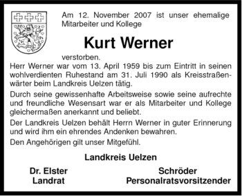 Traueranzeige von Kurt Werner von ALLGEMEINE ZEITUNG UELZEN