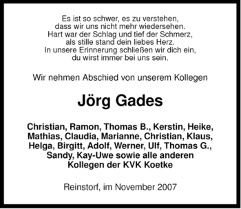 Traueranzeige von Jörg Gades von ALLGEMEINE ZEITUNG UELZEN