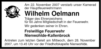 Traueranzeige von Wilhelm Oelmann von ALLGEMEINE ZEITUNG UELZEN