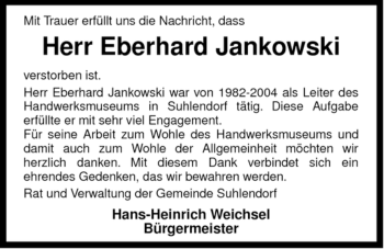 Traueranzeige von Eberhard Jankowski von ALLGEMEINE ZEITUNG UELZEN